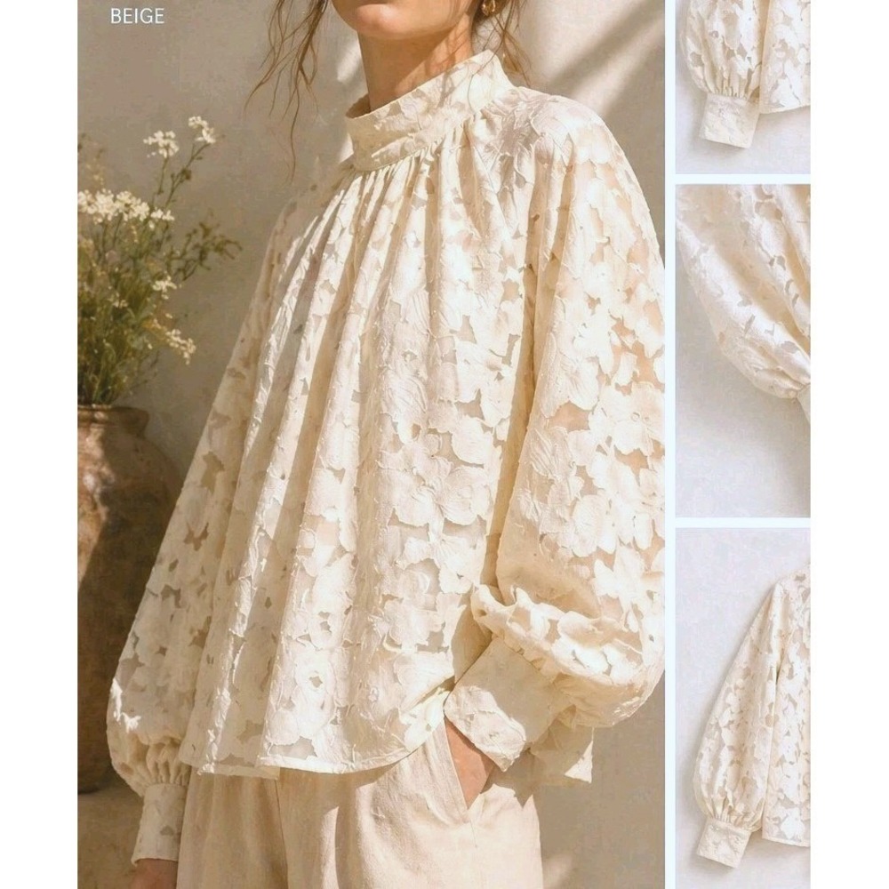 H&M Oversized Textured-Weave Blouse Romantic Cottagecore Balloon Sleeve Beige M